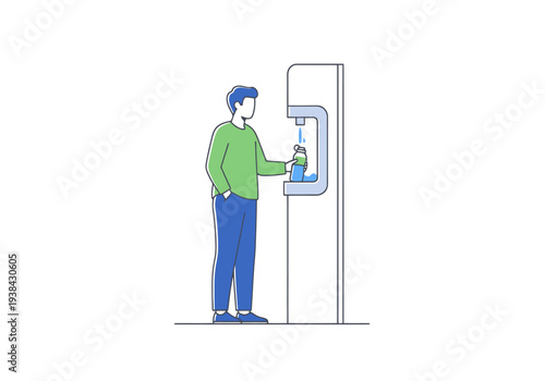 Person Refilling Water Bottle From Modern Water Cooler Appliance With Blue Liquid Dispensing Into Container