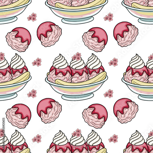 Delightful vector pattern of strawberry ice cream sundaes and scoops with cherry blossoms