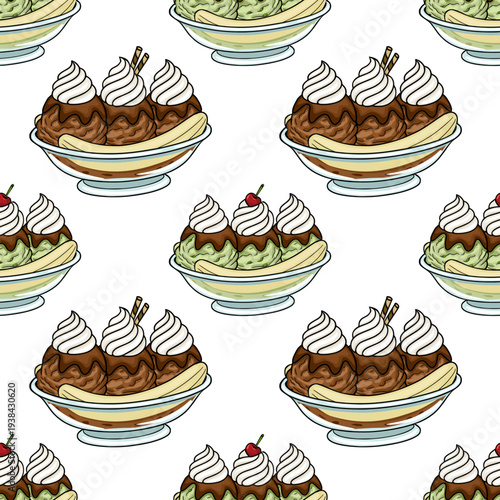 Seamless vector pattern of delicious banana split ice cream sundaes with whipped cream and cherries