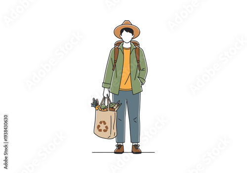 Young Person With Backpack and Reusable Shopping Bag Filled With Groceries Standing Outdoors Ready for Adventure or Daily Errands