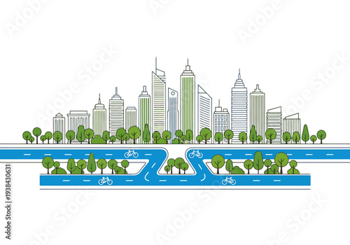 Urban landscape with modern skyscrapers and green trees along a blue river and cycling path representing sustainable city living and transportation