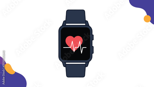 Smartwatch icon displaying a red heart and heartbeat pulse line on a dark screen representing fitness tracking and health monitoring.