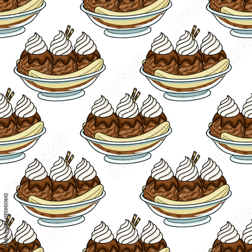 Seamless vector pattern of delicious banana split ice cream sundaes with chocolate scoops and whipped cream