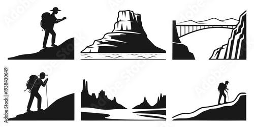 Illustrations of hikers exploring diverse landscapes and terrains Vector