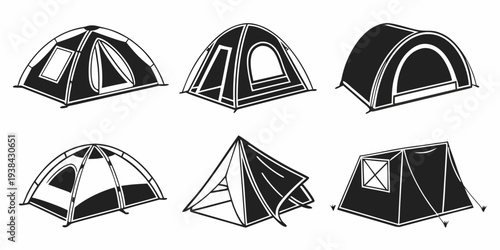 Various types of tents displayed in a row, showcasing different designs and structures. Vector