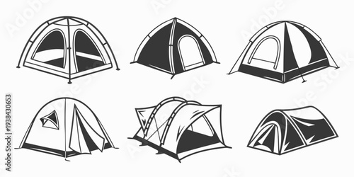 Various styles of camping tents pitched on a flat surface. Vector