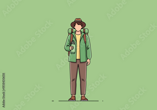 Man Standing With Backpack And Hat Ready For Outdoor Adventure And Exploration Holding Water Bottle On Green Background