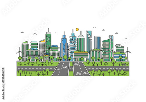 Modern city skyline with eco friendly buildings and green transportation infrastructure showcasing sustainable urban development concepts and future