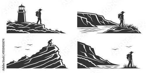 A series of images depicting a lighthouse and its surroundings in various weather conditions. Vector