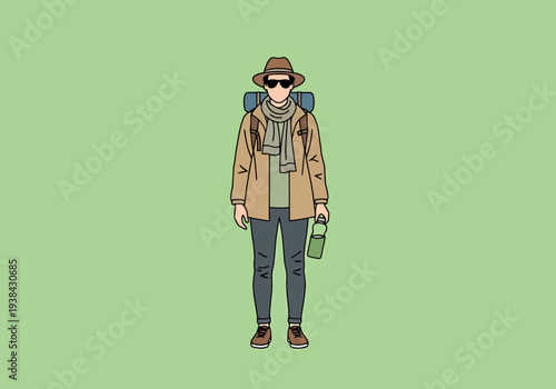Man standing with backpack scarf hat and water bottle ready for outdoor adventure exploration travel and journey concept