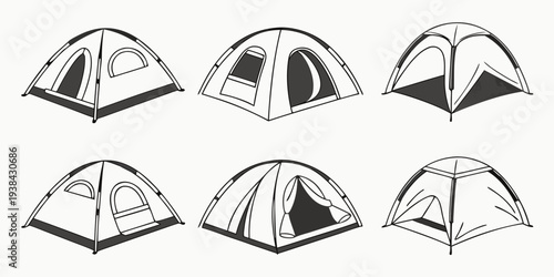 A collection of various types of camping tents illustrated in black and white Vector