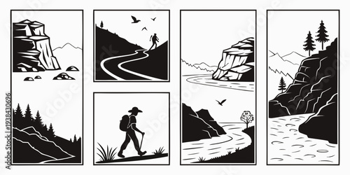 A man's journey through a treacherous mountain landscape filled with danger and adventure. Vector