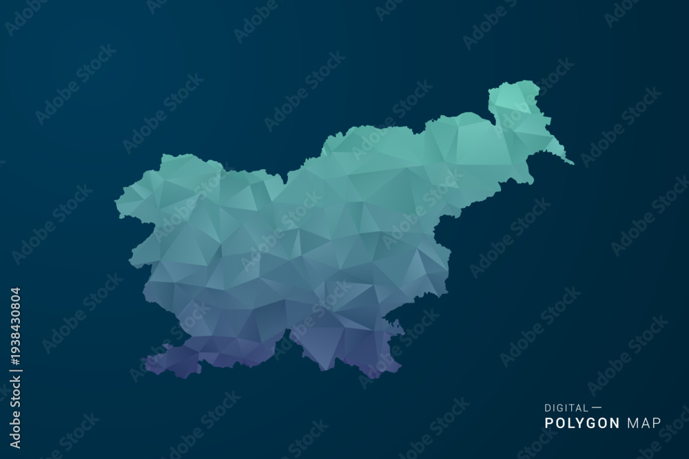 Obraz premium Slovenia Map - Polygon Style Vector Illustration with Teal Blue Gradient, Low Poly Geometric Design, Digital and Technology Inspired, Clean Silhouette on Dark Background.