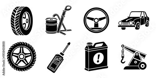 Assorted icons representing various automotive services and products Vector