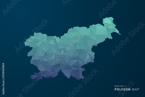 Slovenia Map - Polygon Style Vector Illustration with Teal Blue Gradient, Low Poly Geometric Design, Digital and Technology Inspired, Clean Silhouette on Dark Background.