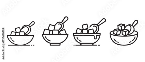 Sugar Cubes in Bowl with Scoop Icons Set. Line Art and Minimalist Design.