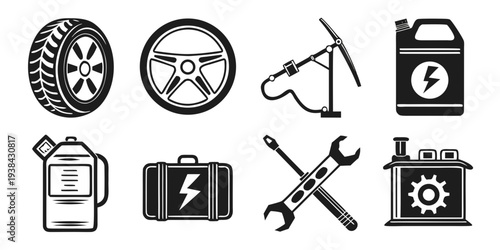 Diverse icons representing various aspects of car maintenance and repair. Vector