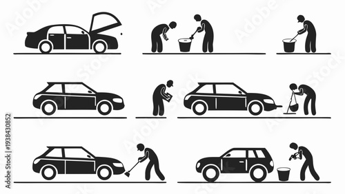 Illustration of various car maintenance and repair activities Vector