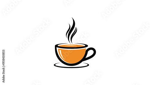 Stylized graphic of a warm cup of coffee or tea with black steam swirls and a saucer isolated on a white background.