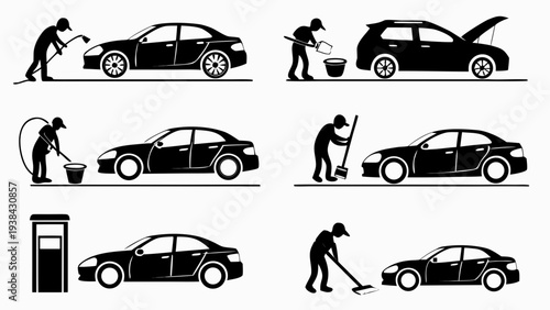 Illustration of various people performing maintenance on different types of cars. Vector