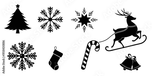 Assorted holiday symbols including snowflakes, a reindeer, and a sleigh Vector
