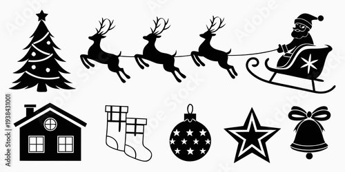 A festive illustration featuring holiday symbols and a sleigh with reindeer Vector