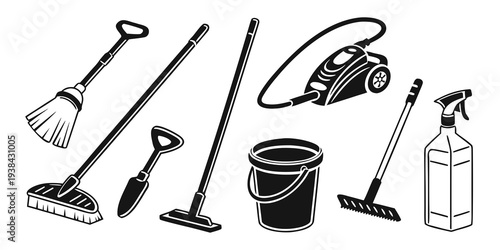 Assorted cleaning tools and supplies arranged on a white background Vector