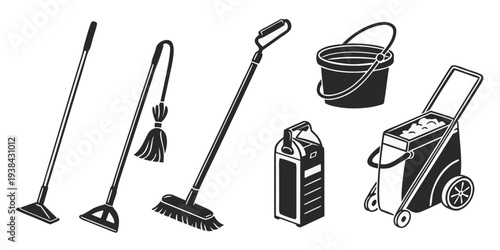 A collection of various cleaning tools and equipment for household use. Vector