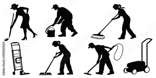 Illustrations of various cleaning tasks being performed by individuals Vector