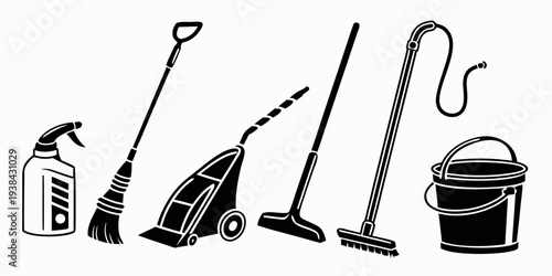 Assorted cleaning tools and supplies arranged in a row Vector