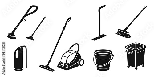 Various cleaning tools and equipment arranged in a row. Vector