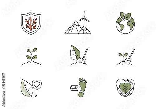 Set of nine minimalist icons representing environmental protection sustainability renewable energy and nature conservation concepts for eco friendly