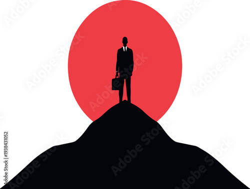 Silhouette of a Leader on Top of Hill: A silhouette of a determined individual, carrying a briefcase, stands atop a peak against a backdrop of a fiery sun, symbolizing ambition and achieving goals.