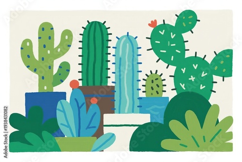 Colorful cacti and succulents in pots