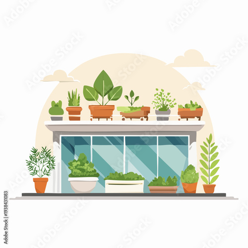 Rooftop Greenhouse Garden with Vegetable Plants and Sustainable Urban Farming Concept Flat Vector Illustration