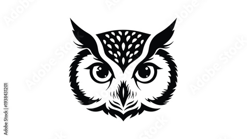 Intricate black and white graphic illustration of an owl face with sharp details and focused eyes representing wisdom and nocturnal life.