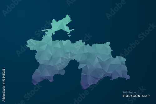 Tajikistan Map - Polygon Style Vector Illustration with Teal Blue Gradient, Low Poly Geometric Design, Digital and Technology Inspired, Clean Silhouette on Dark Background.