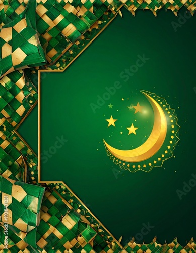 Empty center space for text, decorative border with Ketupat woven palm leaves, Islamic geometric patterns, crescent moon and stars, Eid al-Fitr theme, green and gold colors, festive Islamic background
