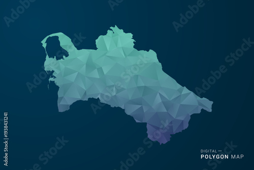 Turkmenistan Map - Polygon Style Vector Illustration with Teal Blue Gradient, Low Poly Geometric Design, Digital and Technology Inspired, Clean Silhouette on Dark Background.
