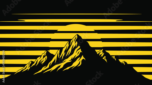 Retro style graphic of dark mountain peaks silhouetted against a large yellow sun and horizontal striped background representing sunset.