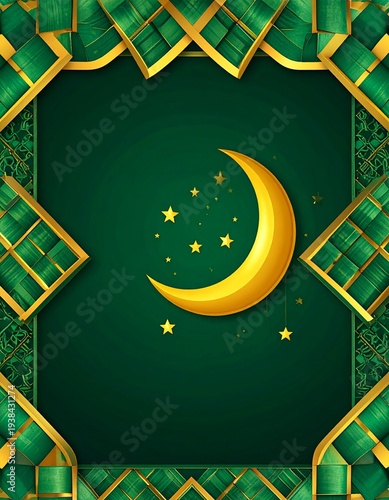 Empty center space for text, decorative border with Ketupat woven palm leaves, Islamic geometric patterns, crescent moon and stars, Eid al-Fitr theme, green and gold colors, festive Islamic background