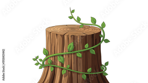 Brown tree stump with detailed bark and growth rings featuring a fresh green vine with leaves winding around its base.