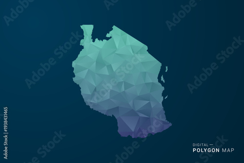 Tanzania Map - Polygon Style Vector Illustration with Teal Blue Gradient, Low Poly Geometric Design, Digital and Technology Inspired, Clean Silhouette on Dark Background.