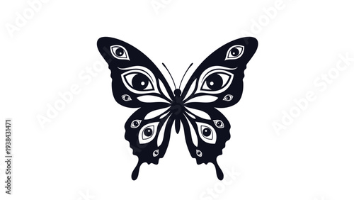 Symmetrical black silhouette of a butterfly featuring mysterious eye-like patterns on its wings isolated on a white background.