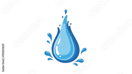 Vibrant blue water drop falling and creating a splash with several smaller droplets scattered around it on a white background.