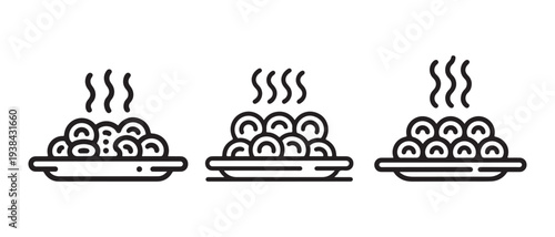 Hot Food Icons. Three Plates of Steaming Dumplings or Rolls, Minimalist Vector Illustration for Food Services.