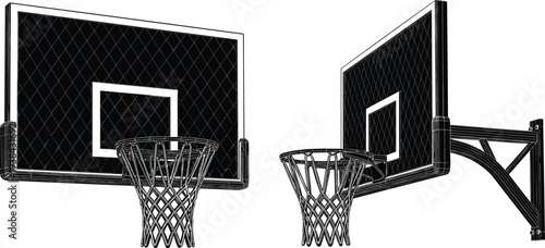 Basketball hoop vector illustration with textured diamond backboard, wall mounted and bracket supported designs, sports equipment silhouette for training, competition, recreation