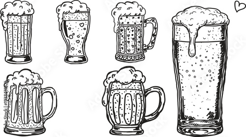 Beer Glass Illustration with Frothy Foam in Hand‑Drawn Black and White Style.