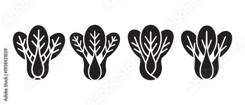 Set of stylized black icons representing fresh green leafy vegetables, possibly spinach or bok choy, isolated on white background.