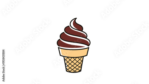 Tasty chocolate soft serve ice cream swirl in a crispy waffle cone with a black and brown outline on a white background.